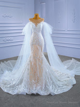 Sexy White Tulle Mermaid Appliques Pearls Wedding Dress